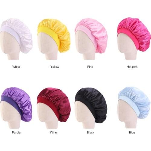 Shower Cap Parent-child Stretch Wide-Brimmed Night Hat Faux Silk Dome Hair Care Cap ChildrenS Satin Round Cap Duschhaube Kinder