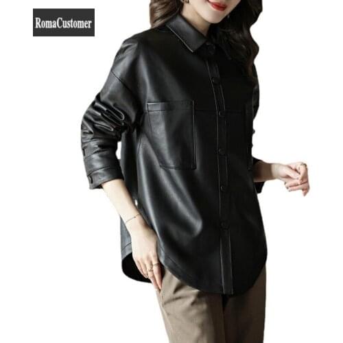 New Sheepskin Jackets Womens Turn-Down Collar Single Breasted Solid Genuine Leather Black Female Casual High Quality Outerwear