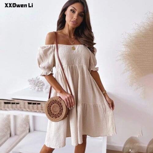 Summer Cotton Pure Color Slash neck Lantern Sleeve Mini dress Women 2021 Casual off shoulder Party Ruffles Ladies dresses Femme