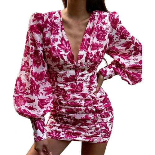 Sexy Women Bodycon Dress Floral Printed Lantern Sleeve Chiffon Autumn Deep V Neck Elegant Ruched Shirring Mini Dress
