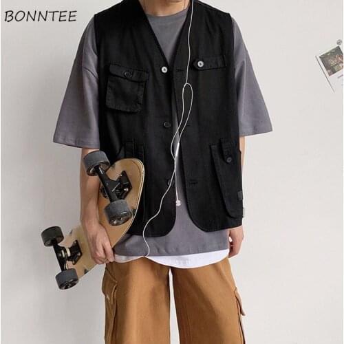 Vests Women Casual Couple Spring 2021 Sleeveless Outwear Solid All-match Pockets Korean Style Streetwear Safari New Chic