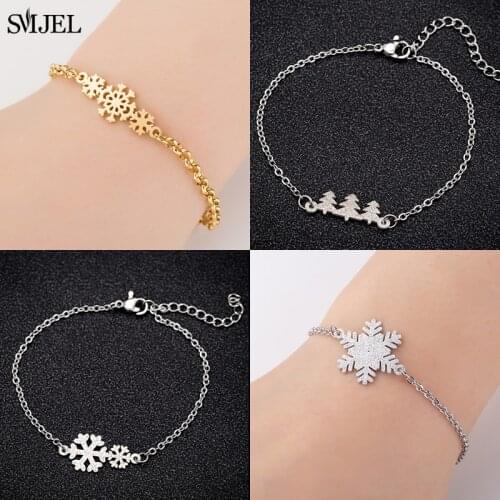 Winter Snowflake Charm Bracelets for Women Girls Stainless Steel Gold Color Jewelry Flower Christmas Party Gifts bijoux