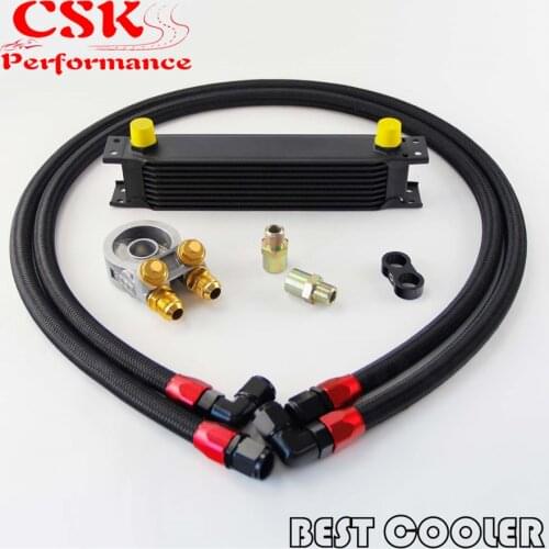 9 Row Engine Oil Cooler w/ Thermostat 80 Deg Oil Filter Adapter Kit / Black