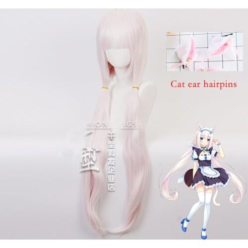 Anime NEKOPARA Vanilla Cosplay Wig Maid Long Wig Lolita Heat-resistant Cat Ear Hairpin Free Wig Cap Halloween Party Grils Women