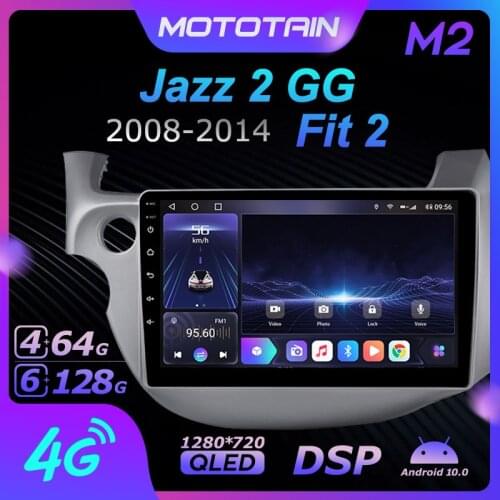 Mototain Autoradio automotive Radio 2 Din for Honda Jazz 2 GG 2008 - 2014 Fit 2 Android 10.0 Multimedia 4G LTE 6G Ram 128G Rom