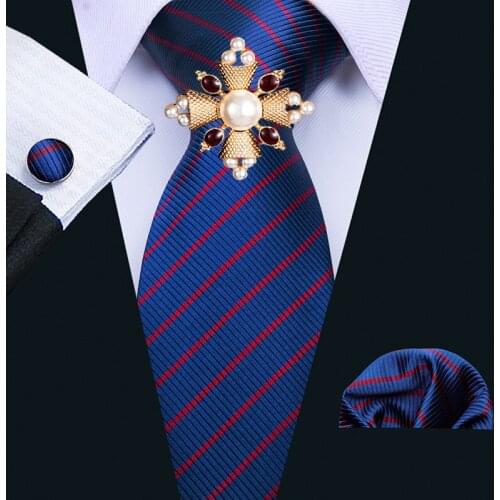 Barry.Wang 2020 New Arrival Mens Ties Blue Stripes Wedding Necktie Hanky Cufflinks Brooch Set Business Silk Ties N-5061