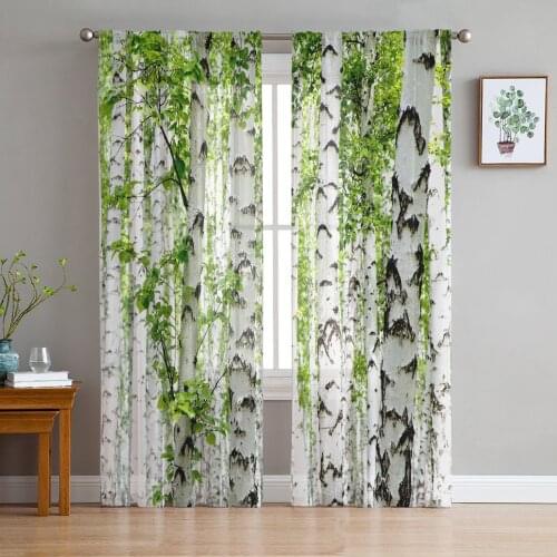 White Birch Green Sheer Curtains for Living Room Bedroom Kitchen Tulle for Windows Voile Yarn Curtains for Bedroom