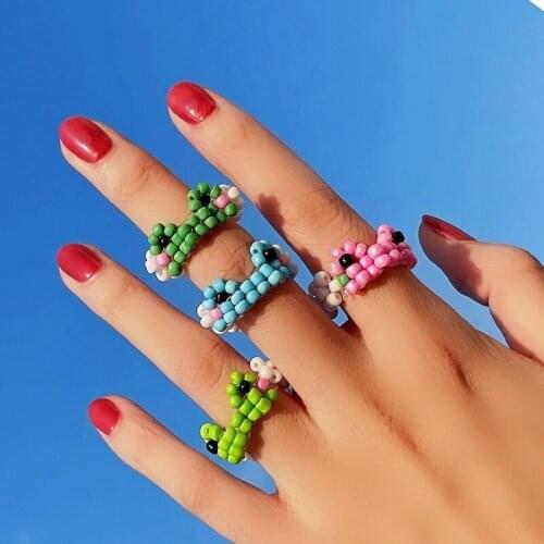 Bohemian Colorful Cute Transparent Resin Beads Braided Frog Ring Women Girl Adjustable Elastic Trendy Party Ring Animal Jewelry