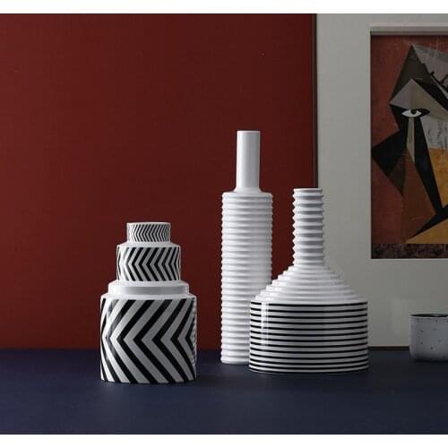 Modern Black and White Striped Large Ceramic Vase Living Room Art Deco Geometric Striped Flower Vase Home Decoration Accessories