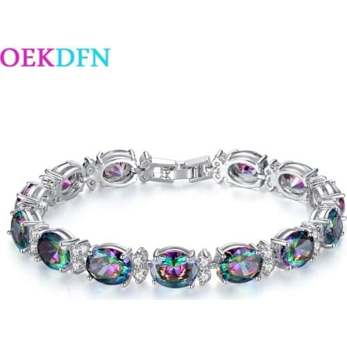OEKDFN Bohemian 100% 925 Sterling Silver Bracelets Luxury Mystic Rainbow Topaz Gemstone Bangle Charm Bracelet Fine Jewelry