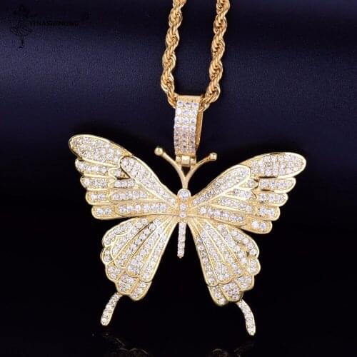 Animal Butterfly Necklace & Pendant Iced Out Rope Chain Gold Color AAA Cubic Zircon Mens Women Hip Hop Rock Jewelry For Men