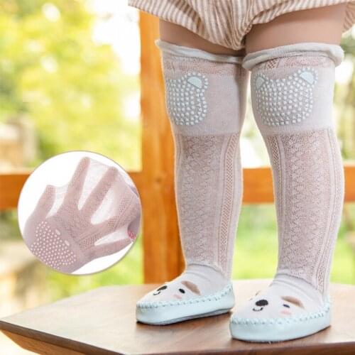 Baby Non Slip Leather Soles Long Sock Shoes Newborn Infant Girl Boy Summer Cotton Animal Print Knee High Sock First Walker Shoes