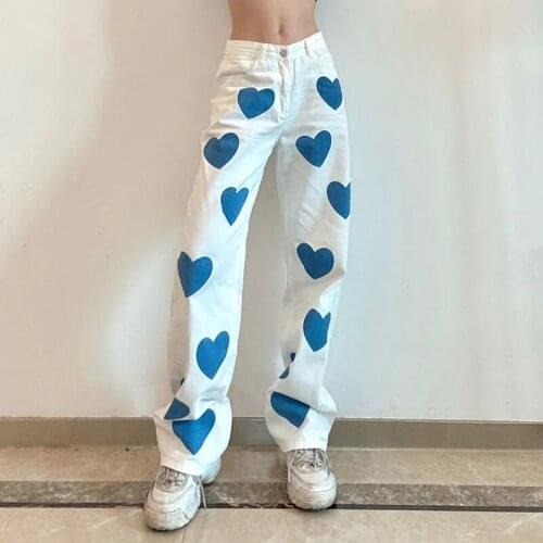 Spring Autumn High Waist Women Straight Jeans Loving Heart Printed Denim Pants Fashion Baggy Leisure Joker Streetwear Trousers