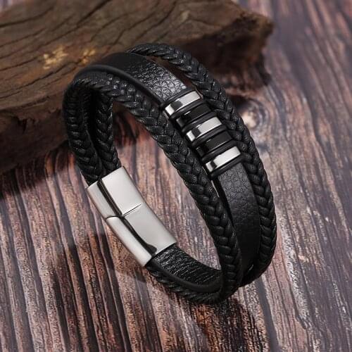 European and American popular Stainless Steel Leather Bracelet mens multilayer woven leather bracelet