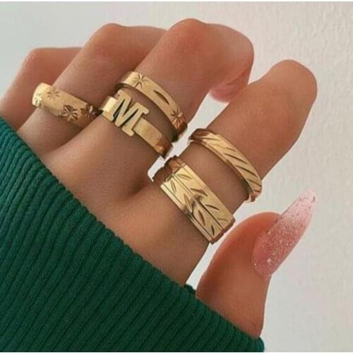 Docona Gothic Carved Flower M Letter Rings Set for Women Antique Gold Knuckle Midi Ring Anillos Mujer Boho Jewelry 5pcs/set 9733