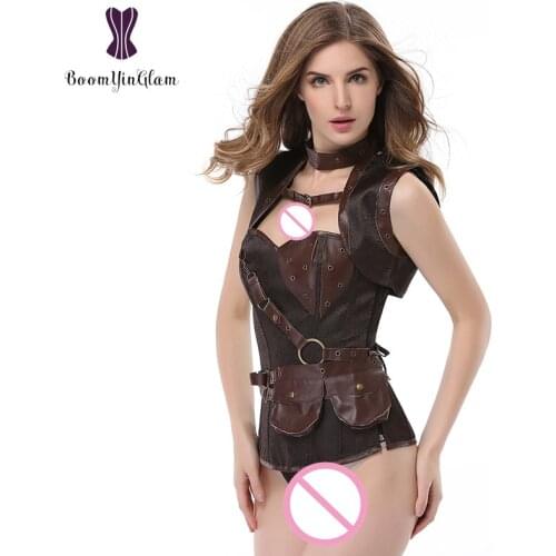 926 Fantasy leather pocket decorated Gothic costume body shaper clothing cowgirls style steampunk corset with jacket