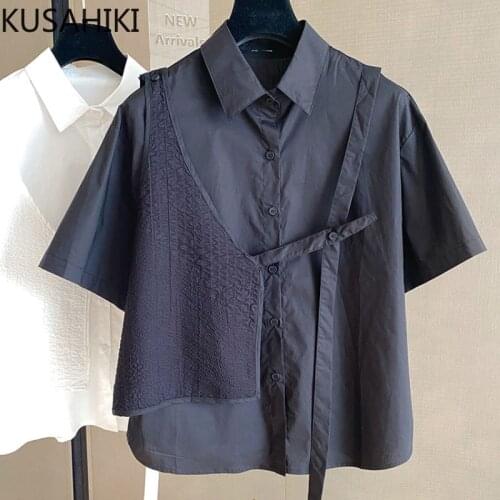 KUSAHIKI Fashion Vest Patchwork Women Blouse Short Sleeve Turn-down Collar Shirts 2021 Summer New Blusas Mujer De Moda 6K260