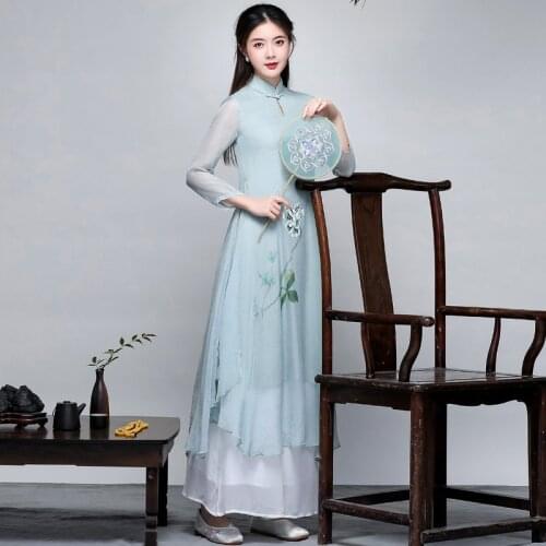 National style summer Chinese style fairy female slim collar collar buckle improved cheongsam Ao Dai tea dress