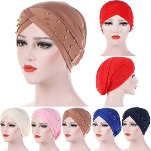 Muslim Women Cross turban Scarf Pearl Turban Hat Cancer Chemo Beanies Cap Islamic Wrap Headscarf Musulman Hijab Hair Accessories
