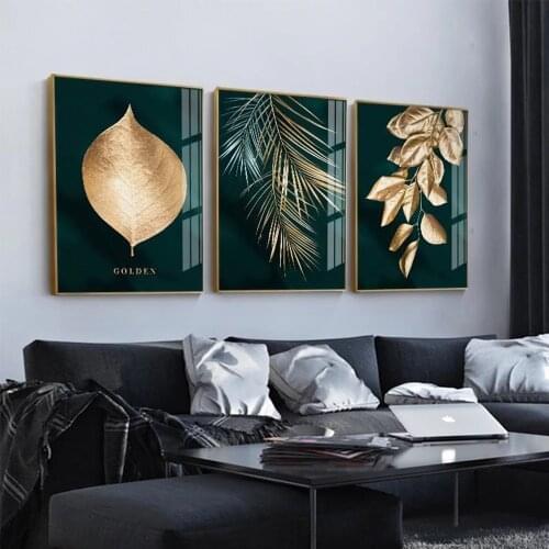 3pcs Nordic Gold and Green Leaves Wall Art Dropshipping Canvas Posters Prints No Frame Cuadros Living Room Decoration Pictures