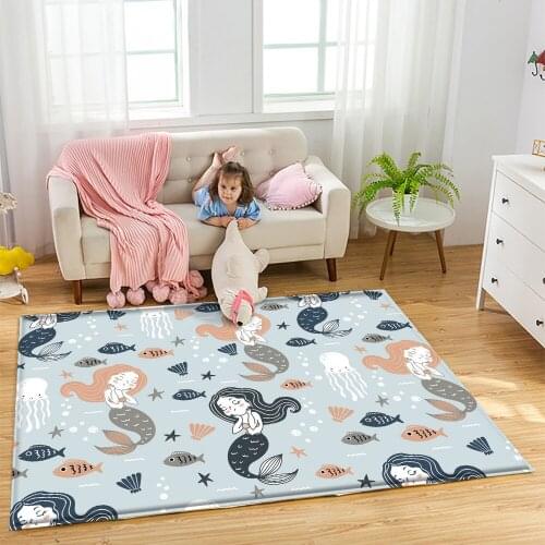 New Fashion Ocean Mermaid Pattern Children Carpet Non-Slip Children Blue Flannel Carpet Baby Hand Print Carpet Baby Play Mat