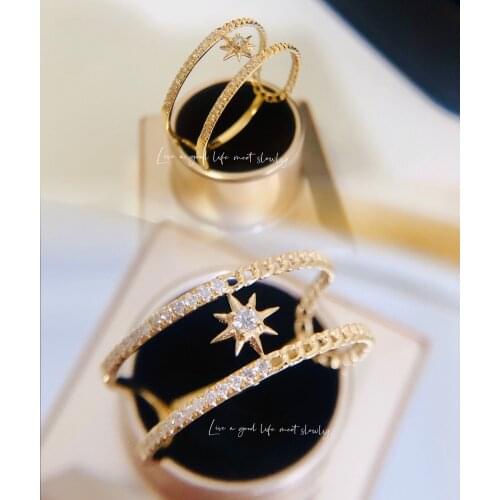 18K Solid Yellow Gold Jewelry(AU750)Double stitching Six-Pointed Star Damond Ring With Unique Personality and Fashion Trend