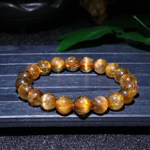 Wholesale Natural Genuine Gold Copper Needle Rutile Quartz Finished Stretch Bracelet Round Jewelry Beads
