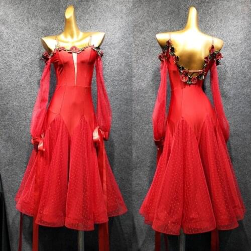 Ballroom Dance Competition Dresses Red Embroidered Strapless Waltz Standard Dancing Dress Adults Spanish Flamenco Clothes DN4885