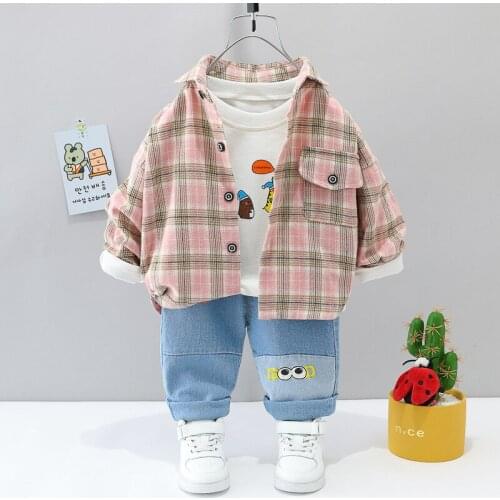 Boys' and girls' long sleeved plaid shirts and cartoon casual wear 3-piece set 1-year-old, 2-year-old, 3-year-old and 4-year-old