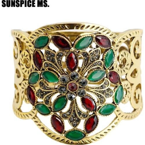 SUNSPICE MS Hollow Flower Vintage Bracelets Bangle Cuff Big Size Women Broadside Resin Bangles Antique Gold Color Turkey Jewelry