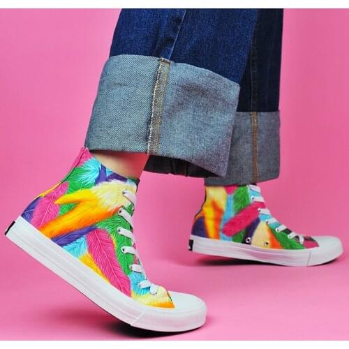 Wen Design Custom Bright Colourful Feathers Hand Painted High Top Sneakers Canvas Shoes Women Athletic Shoes Plimsolls Men