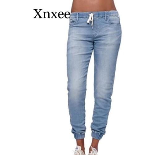 Spring Washed Jeans Women Solid Drawstring Straight Jeans Pants Femme Summer Fashion Vintage Slim Feet Denim Pants drawstring