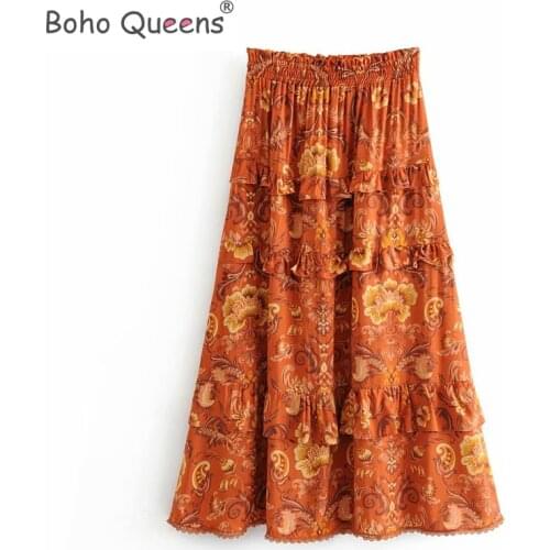 Boho Queens fashion women Hippie beach Bohemian floral print ruffles skirt High Elastic Waist Maxi A-Line Boho Skirt Femme