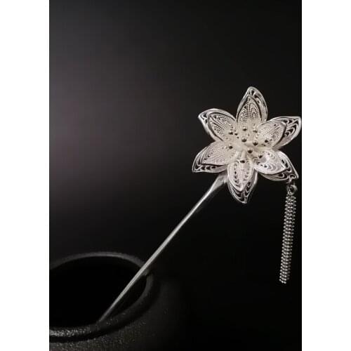 Bastiee Vintage Flower Fringe Hair Stick 999 Sterling Silver Hairpin Ethnic Handmade Luxury Jewelry Hair Pins Women Free Shiping