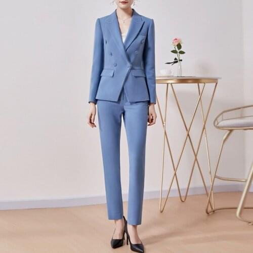New Arrival Fashion Work Womens Business Pants Suits Double Breasted Blazer With Pencil Pants Suits For Women 2 Pieces Set