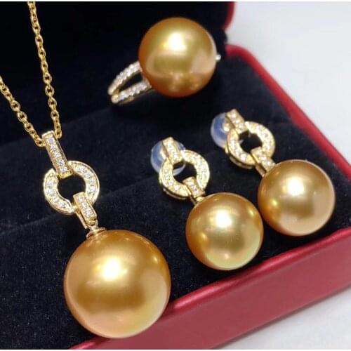 D123 Fine Jewelry 18K Gold Natural Ocean Sea Golden Pearls 10-13mm Diamonds Females Jewelry Sets for Women FIne Jewelry Sets