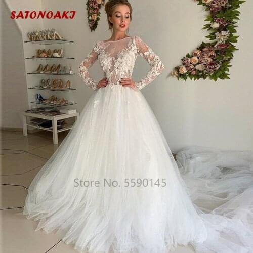Elegant Long Sleeves Lace Wedding Dress Sheer Appliques Buttons Back Bridal Gowns Court Train Vestidos De Novia Undefined Online
