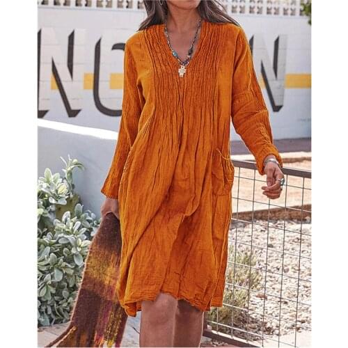 Folds Linen Casual S-5XL Solid Color V-neck Long Sleeve Women Short Dress Vintage Large Size A-line Dress Autumn Ladies Dresses