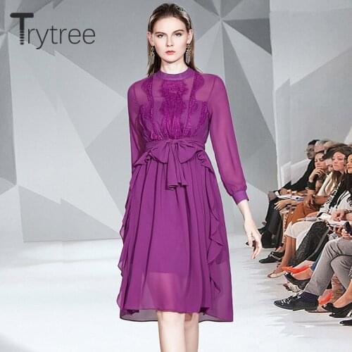 Trytree Autumn Winter Casual Women Dress O-neck Embroidery Belt Fashion Elegant Solid 2 Colour Office Lady Knee-Length Dress