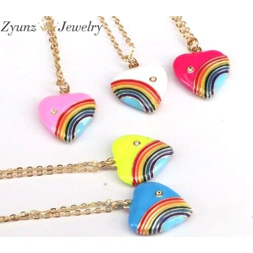 5PCS, Enamel rainbow heart charm pendant necklace for women Jewelry