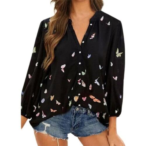 Women Blouses V Neck Casual Oversized Butterfly Print Loose blouse women elegant for Fall top women 2021 Fashion Shirts