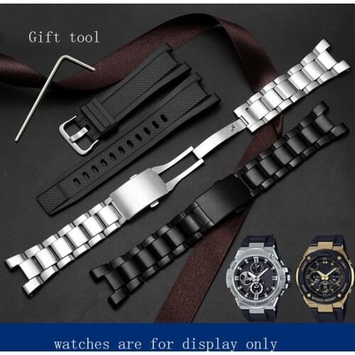 Yopo Stainless Steel Strap Black Silver Bracelet Special Interface For G SHOCK GST-W300/400G/B100/W120L Silicoen Watch Chain