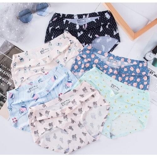 Girl One Piece Ice Silk Seamless Breathable Mid-waist Underwear Female Japanese Small Fresh Cotton Crotch Printed Cartoon Briefs