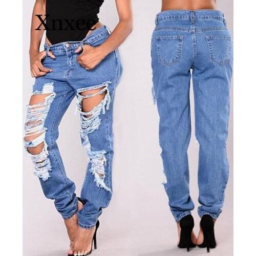 Jeans Loose Blue Hole Pants Long Ladies Jeans High Waist Pants Loose Sexy Big Hole Ladies Casual Jeans Ladies Jeans