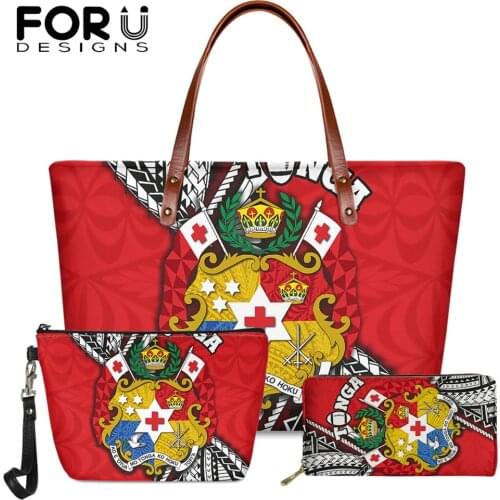 FORUDESIGNS Red Tonga And Polynesia Print Womens Large Neoprene Handbags And Long Pu Wallet Set Ladies Casual Shoulder Sac Bolsa
