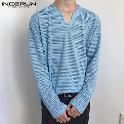 INCERUN Men T Shirt Knitted Solid Color V Neck Long Sleeve 2021 Casual Men Clothing Streetwear Hollow Out Autumn Camisetas S-5XL