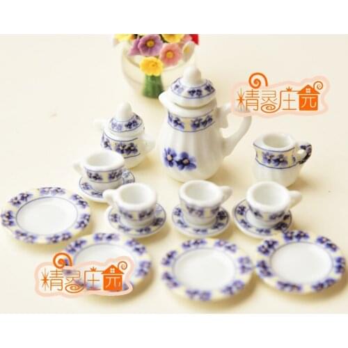 G05-X4331 children baby gift Toy 1:12 Dollhouse mini Furniture Miniature rement ceramics tea set 15pcs/set blue flower
