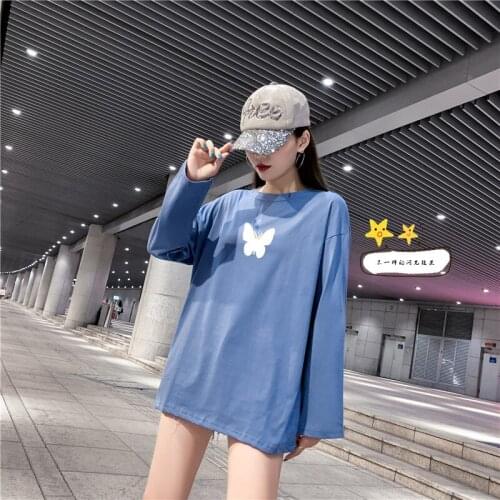 Harajuku Style Reflective Butterfly Print T-shirt 2020 Long Sleeve Streetwear Round Neck Casual Loose Women Tops En