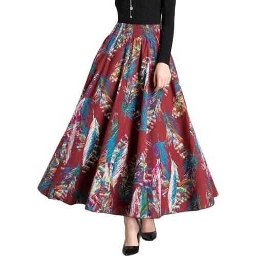 Cotton And Linen Floral Skirts Lady Vintage High Waist A-line Skirts Female Casual Printing Pleated Female 2021 Women Autumn