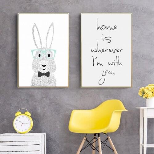 Cute Animals Paintings Cartoon Rabbit Poster Letters Picture Children Room Nursery Canvas Print Wall Art Pictures Decor